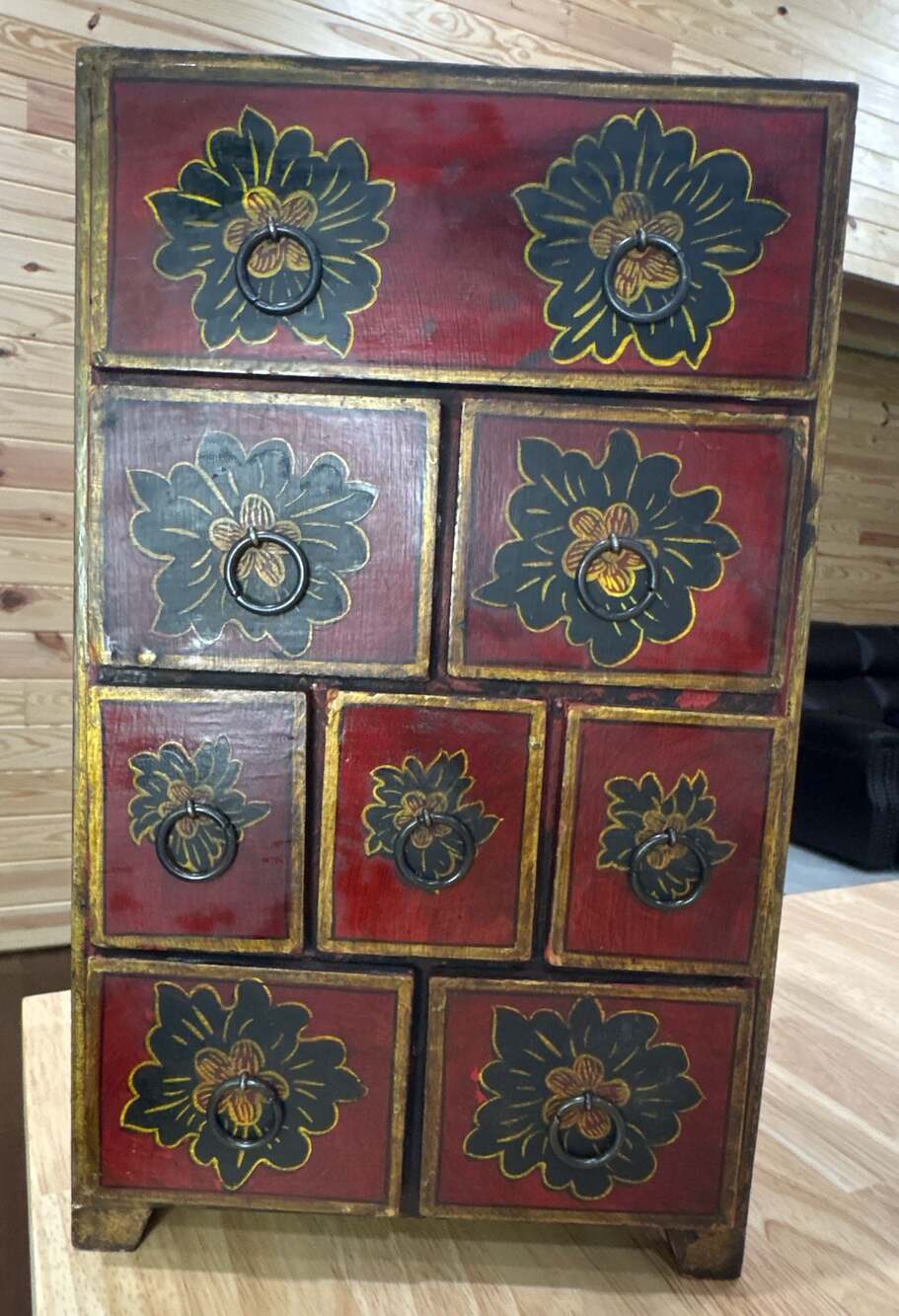 Asian Floral Jewelry Storage Box Red Painted Vanity Chest 8 Drawer 15" Tall -